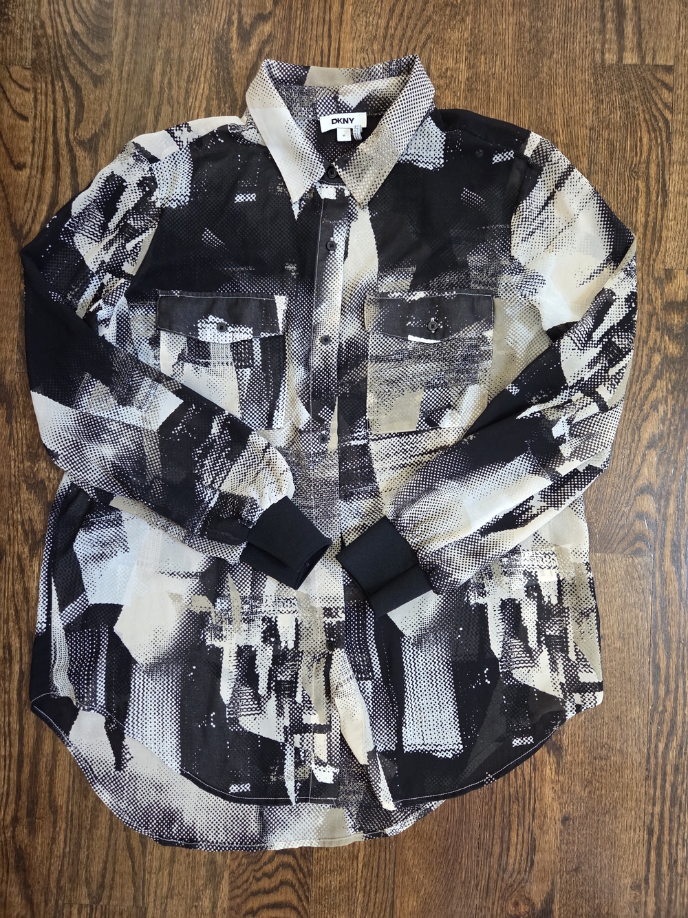 DKNY Abstract Chiffon Button-Up Shirt With Ribbed Cuffs